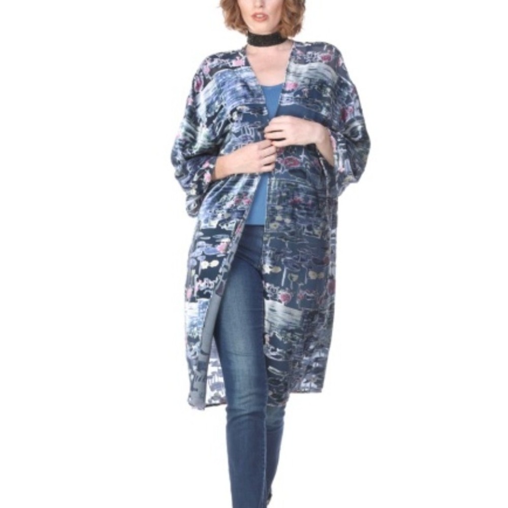 Anthropologie‎ Aria A. Velvet Burnout Midi Kimono Jacket Open Front Floral OS
